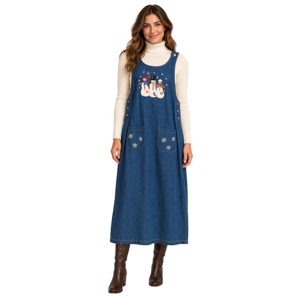 Vintage Denim Snowman Embroidered Maxi Cotton Jumper Dress XL Blue Casey Coleman